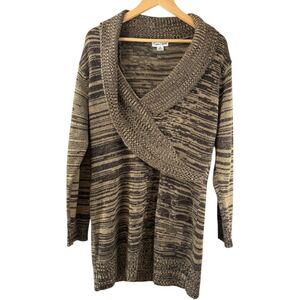 Caren Sport Womens 2X Brown Tan Striped Knit Long Sleeve Cardigan Sweater Dress